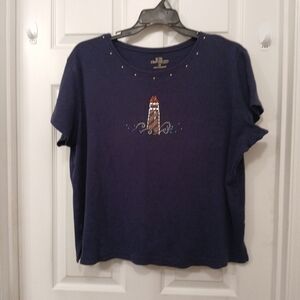 Palm Grove Women Top Plus Size 2X Navy Vintage Lighthouse